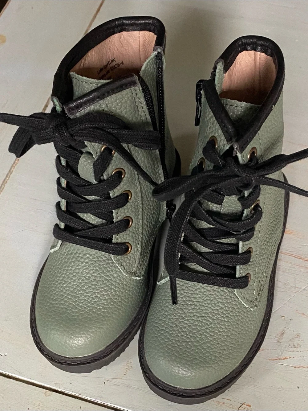 Monkey Feet Lace-Up Ankle Boots in Sage Green with Black Trim
